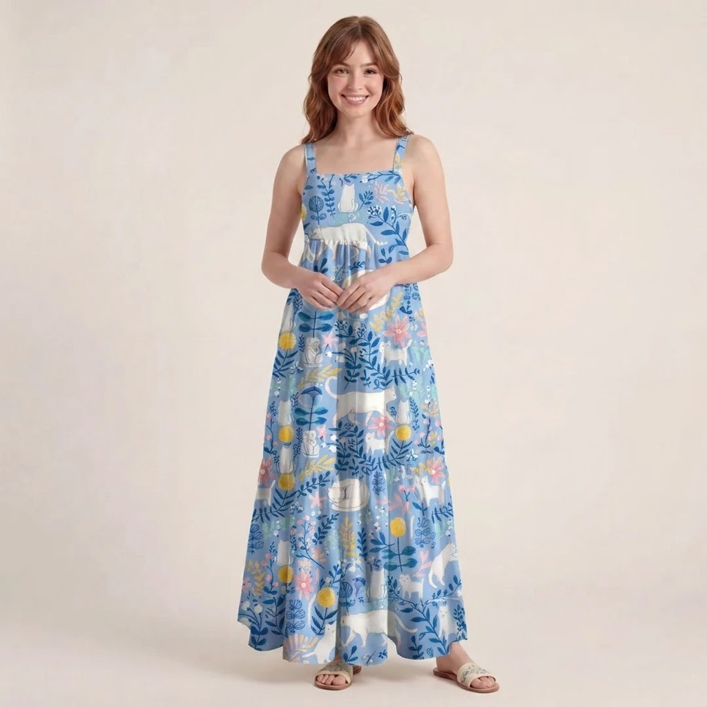 Square Neck Blue Leaf Cat Print Wide Straps Maxi Dress With Pockets
