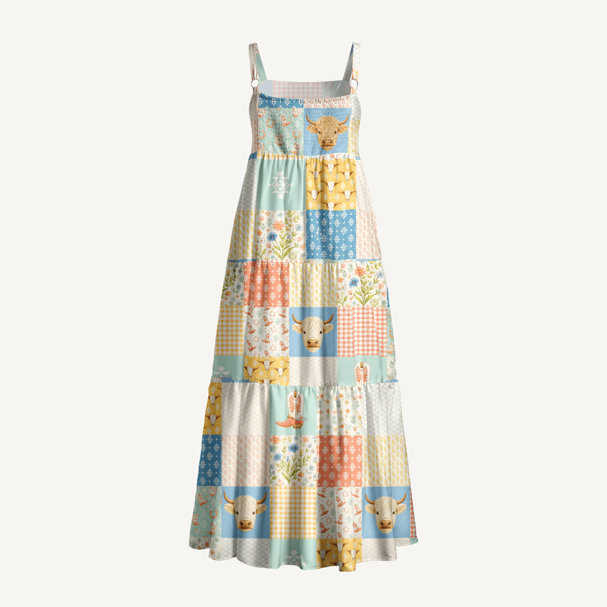 Highland Cow Patchwork Print Wide Straps Maxi Dress With Pockets