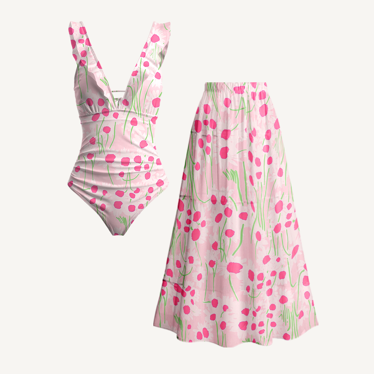 Pink Daisy Ruffled V Neck One Piece Swimsuit and Matching Midi Skirt Set