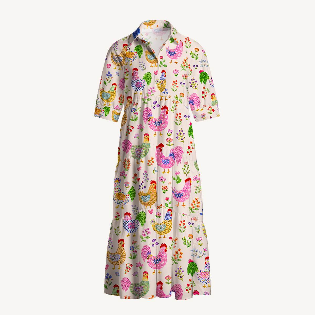 Colorful Farm Chickens Print Casual Midi Dress With Pockets