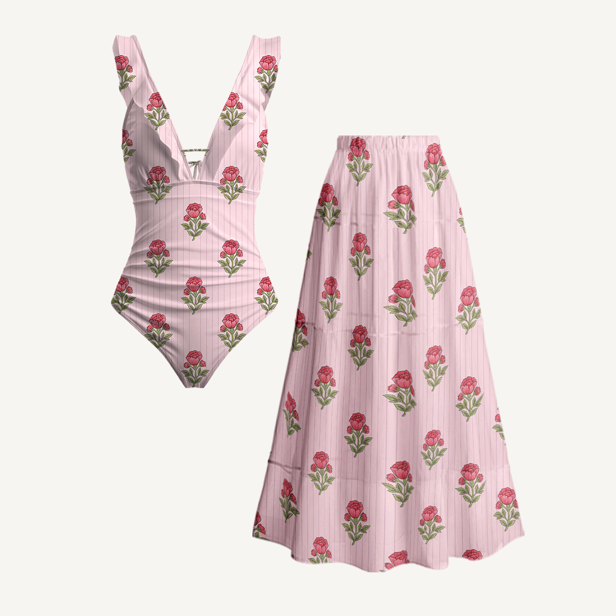Misty Rose Garden Ruffled V Neck One Piece Swimsuit and Matching Midi Skirt Set