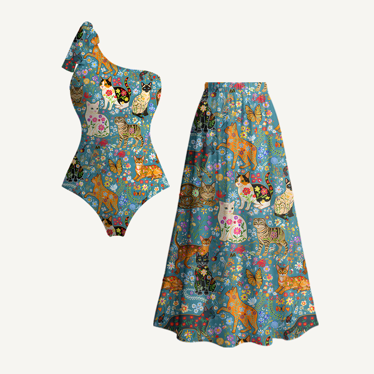 Colorful Garden Cat One Shoulder One Piece Swimsuit and Matching Sarong Set for Women