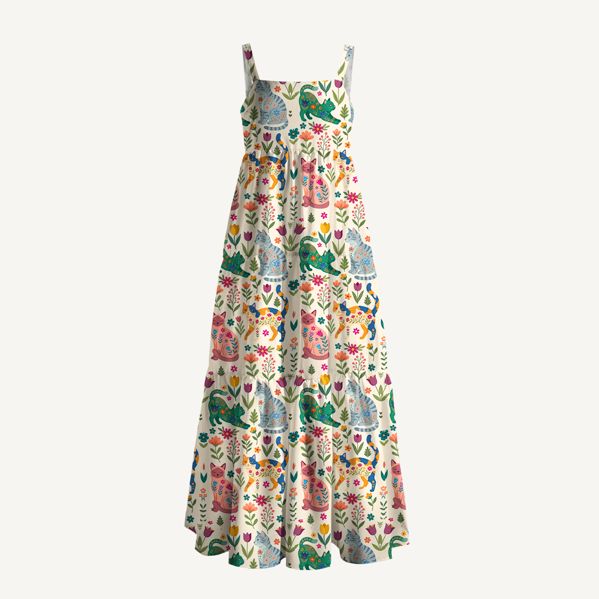 Cute Flower Cat Wide Straps Maxi Dress With Pockets