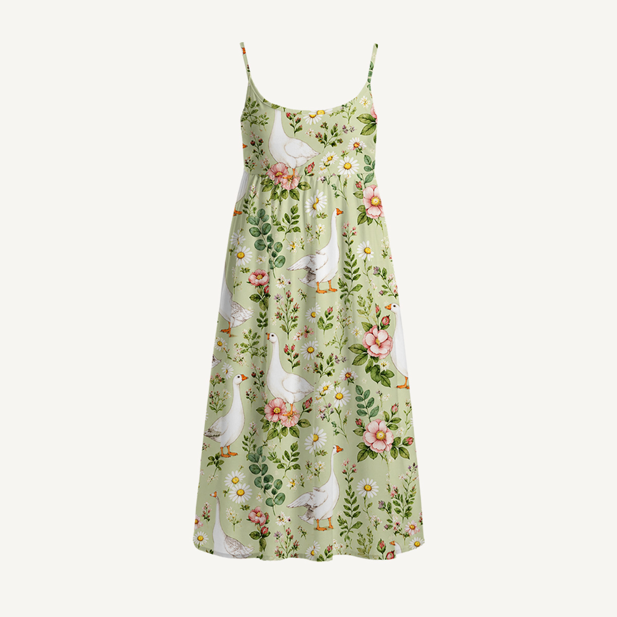 Pastoral Goose Garden Print Spaghetti Strap Mini Dress