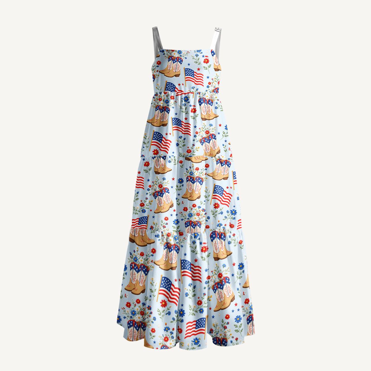 Patriotic Cowboy Boots Print Wide Straps Maxi Dress With Pockets