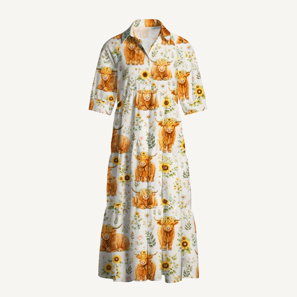 Spring Highland Cow Print Casual Midi Dress With Pockets