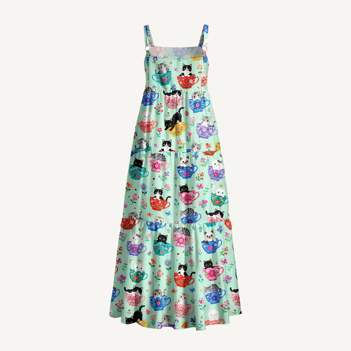 Cute Teacup Kitten Print Wide Straps Maxi Dress With Pockets