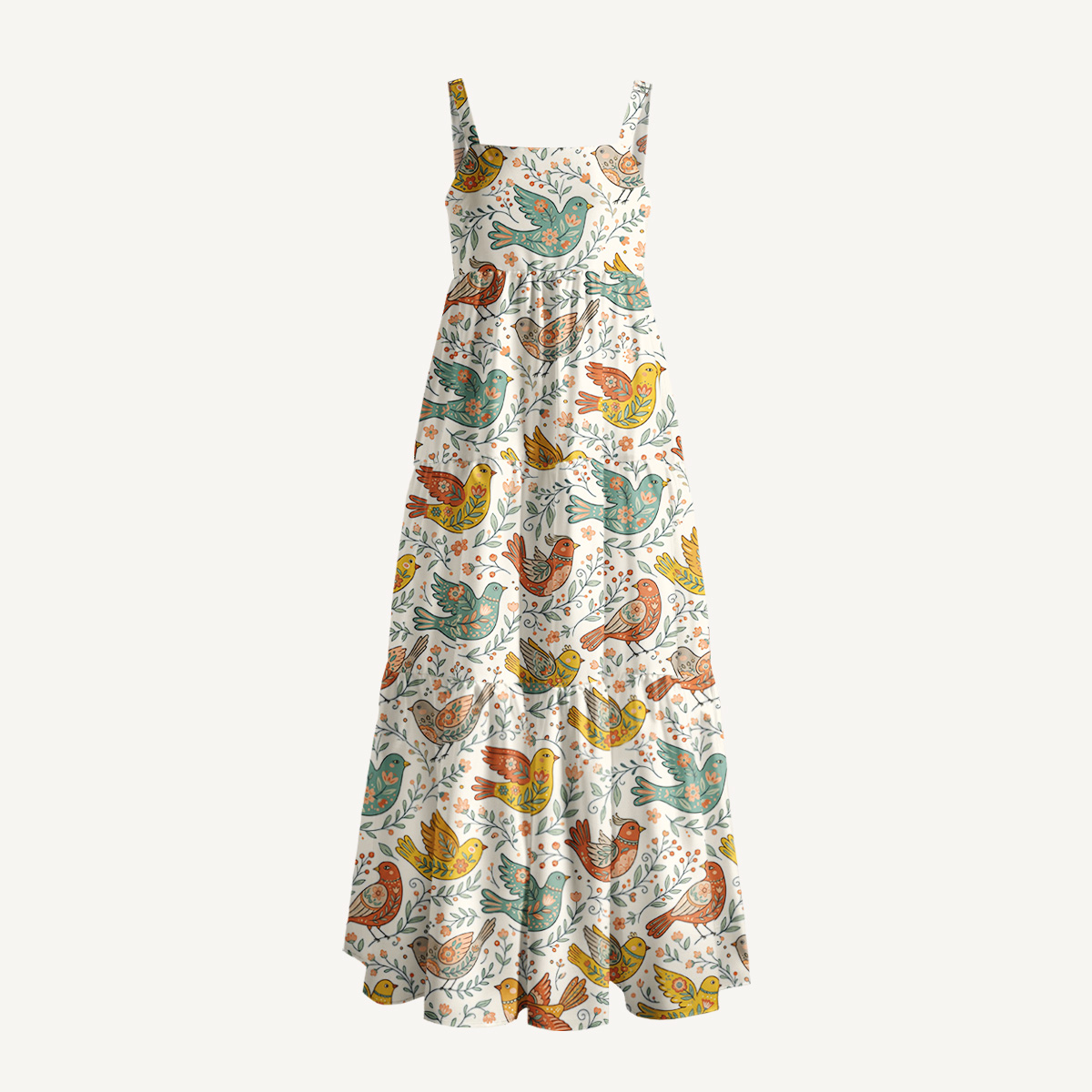 Colorful Flower Birds Print Wide Straps Maxi Dress With Pockets