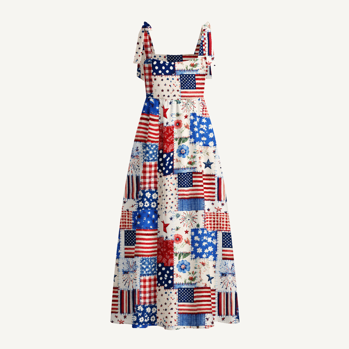 Rustic Americana Patchwork Print Bow Strap Maxi Dress