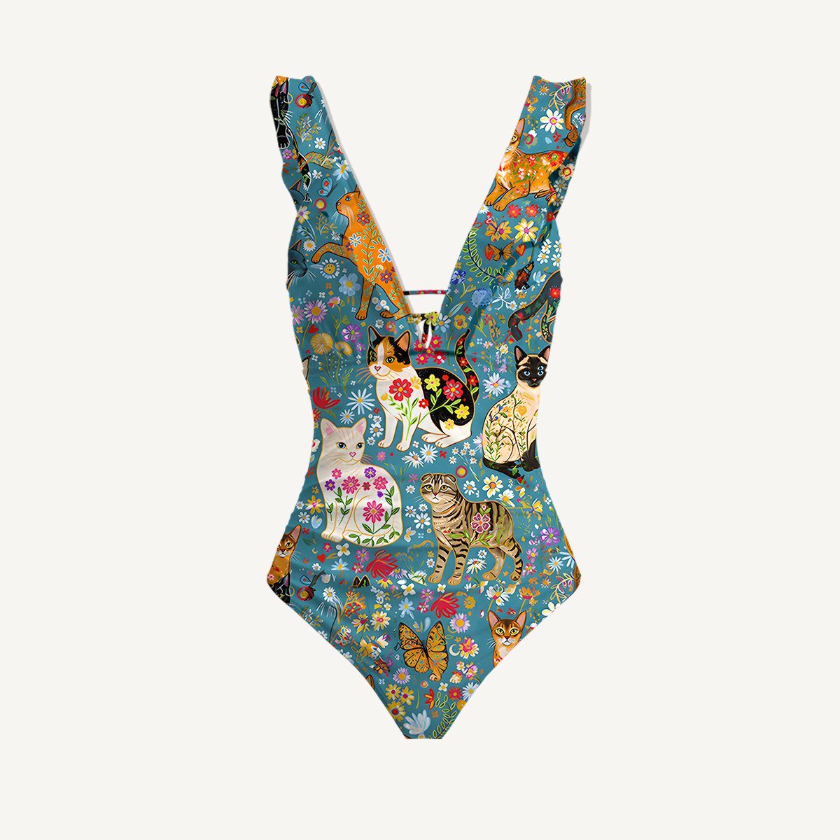 Colorful Garden Cat Patter Ruffled V Neck One Piece Swimsuit and Matching Midi Skirt Set
