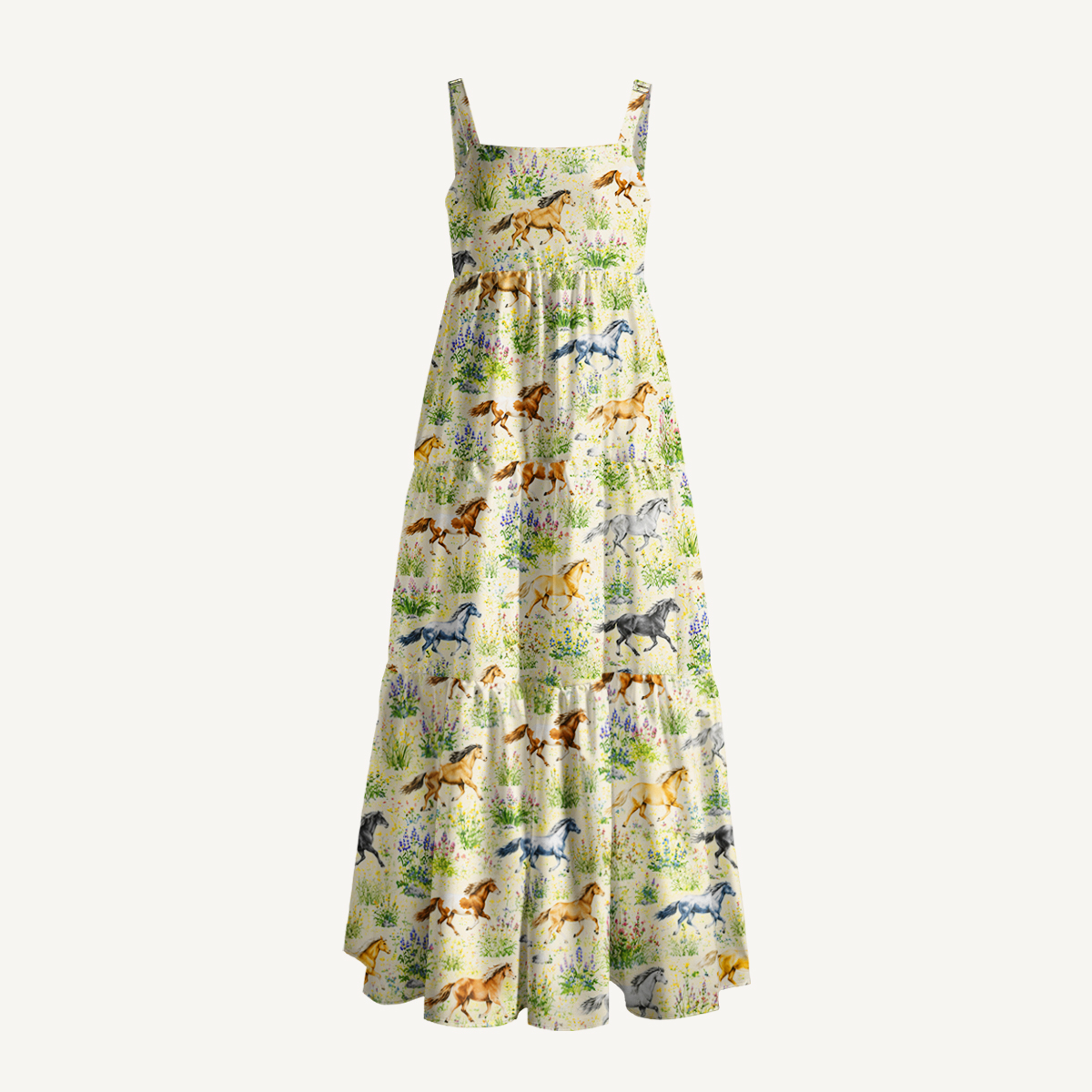 Multicolor Wild Horses Print Wide Straps Maxi Dress With Pockets