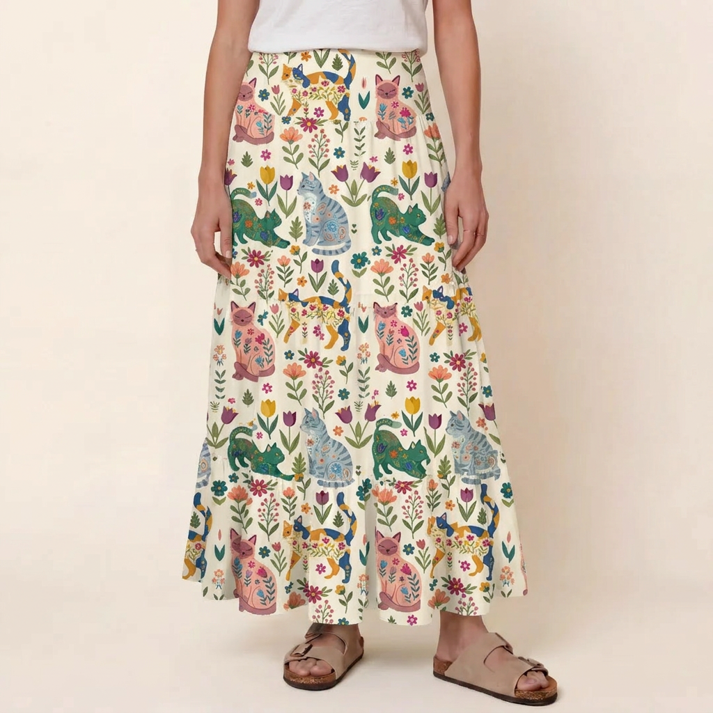 Cute Flower Cat Print Convertible Maxi Skirt & Strapless Dress