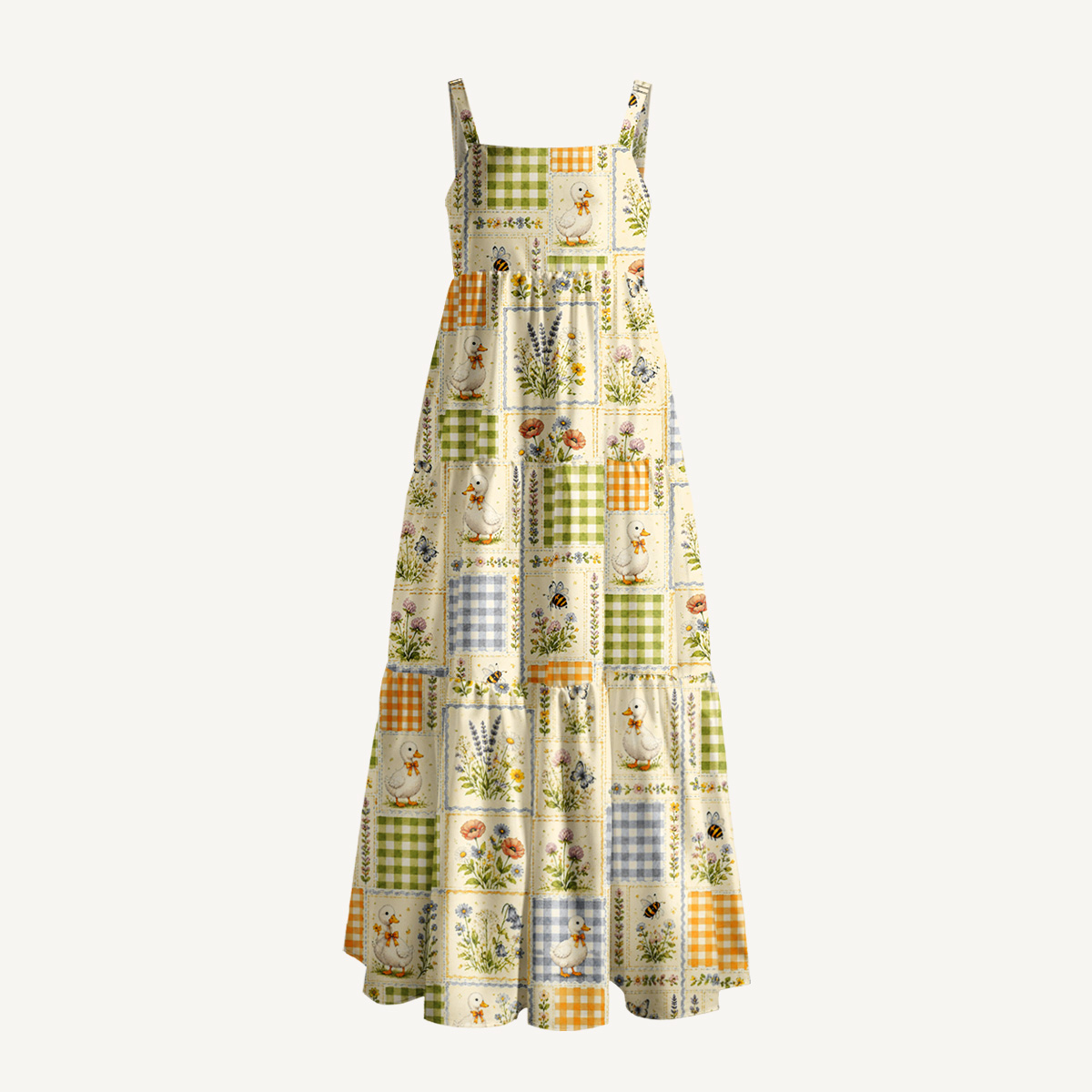 Funny Duck Quilt Patchwork Print Wide Straps Maxi Dress With Pockets