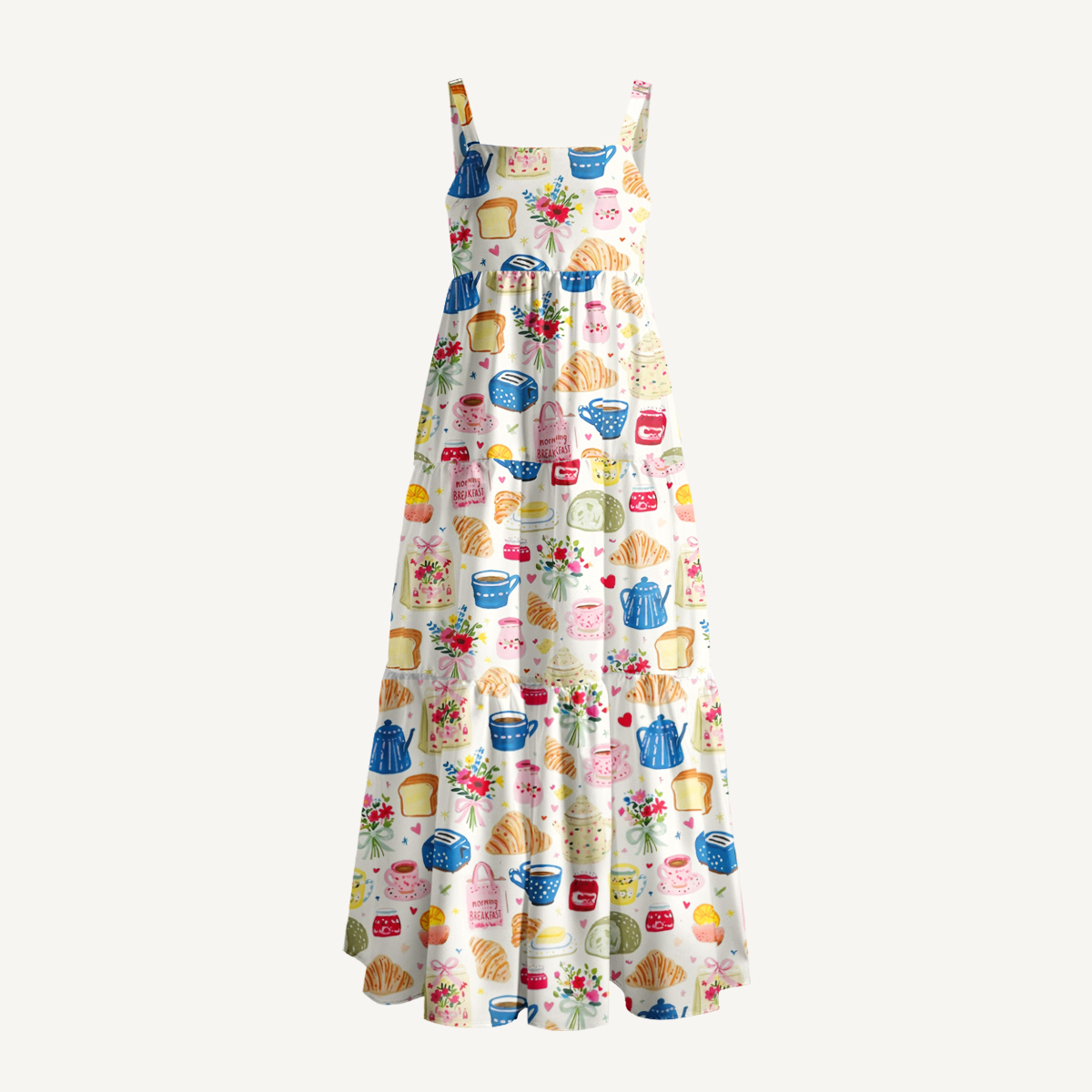 Sweet Brunch Kitchen Print Wide Straps Maxi Dress With Pockets