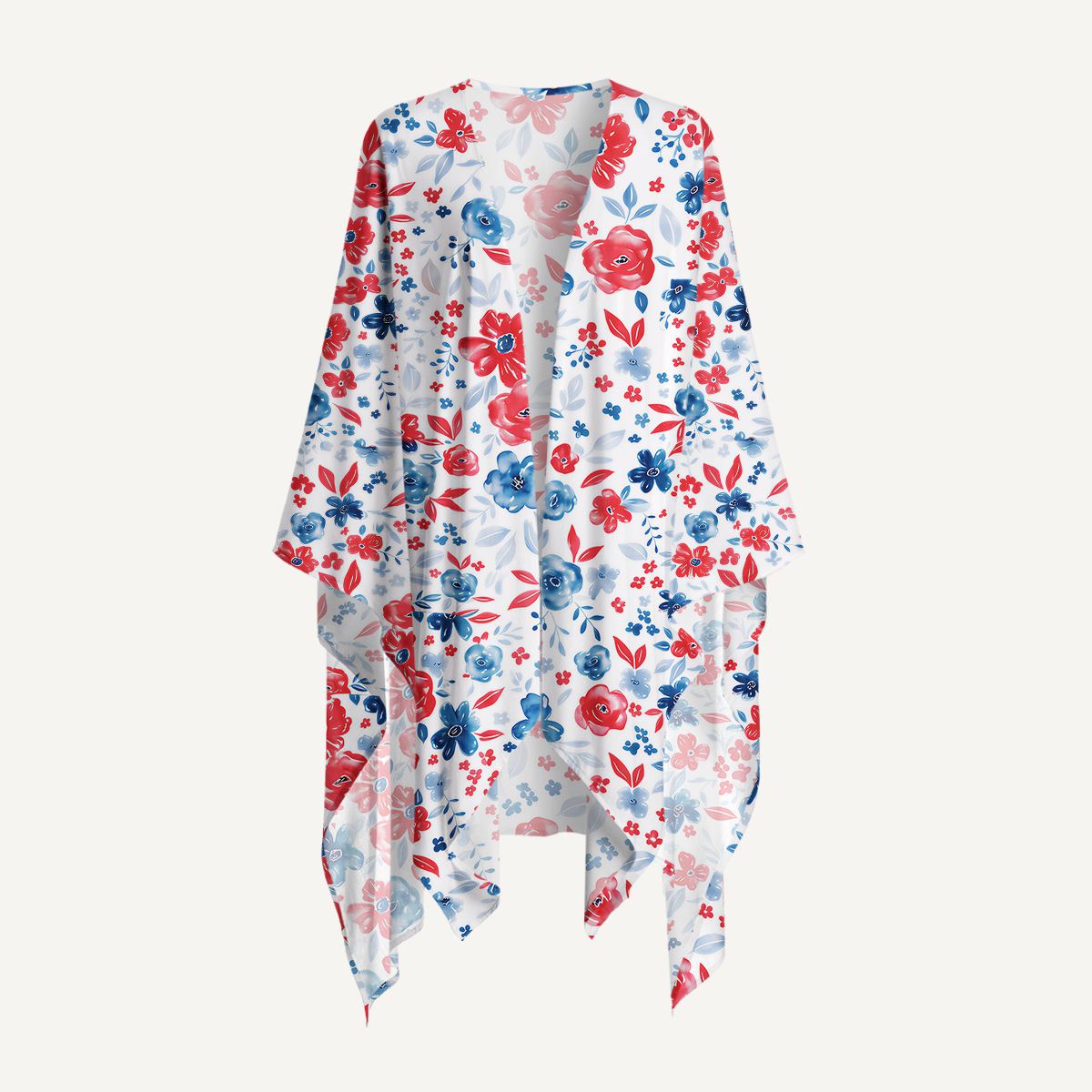 Patriotic Floral American Flag Print Kimono Shawl Wrap