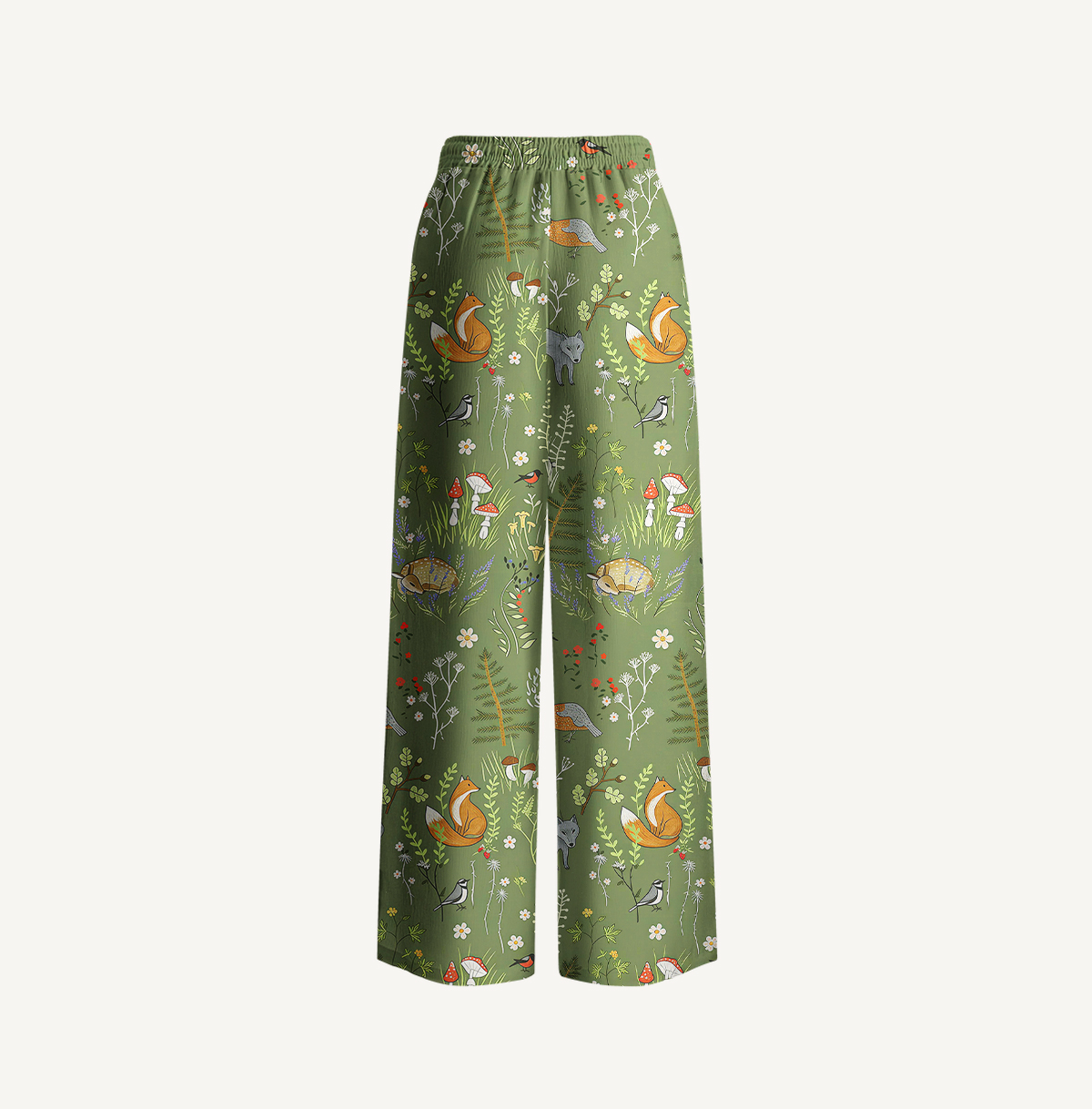 Whimsical Woodland Animals Print Wide Leg Tie Waist Pants With Pockets