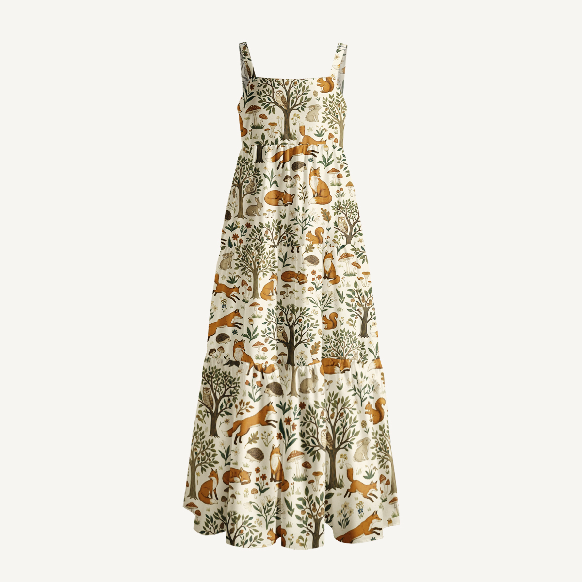 Woodland Creatures Print Wide Straps Maxi Dress With Pockets