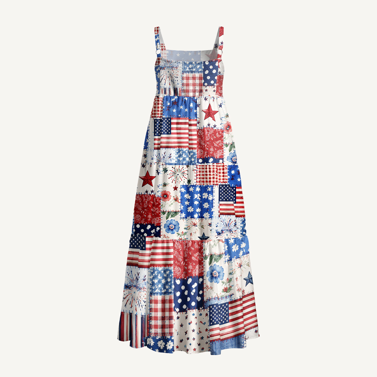 Rustic Americana Patchwork Print Wide Straps Maxi Dress With Pockets