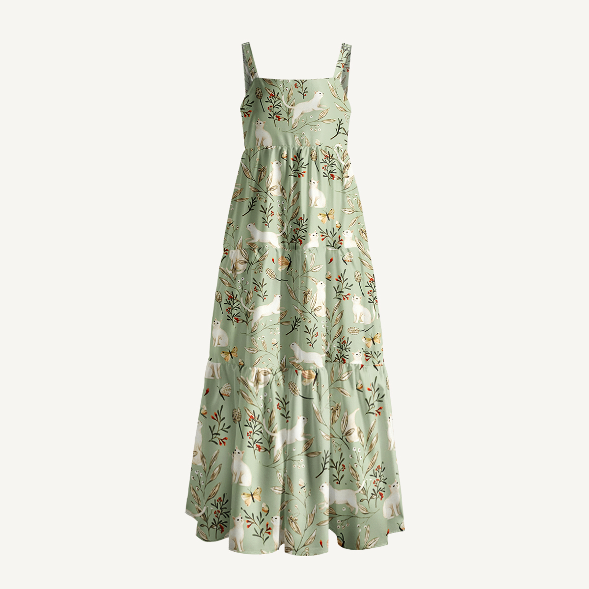Enchanted Meadow Cat Print Wide Straps Maxi Dress With Pockets