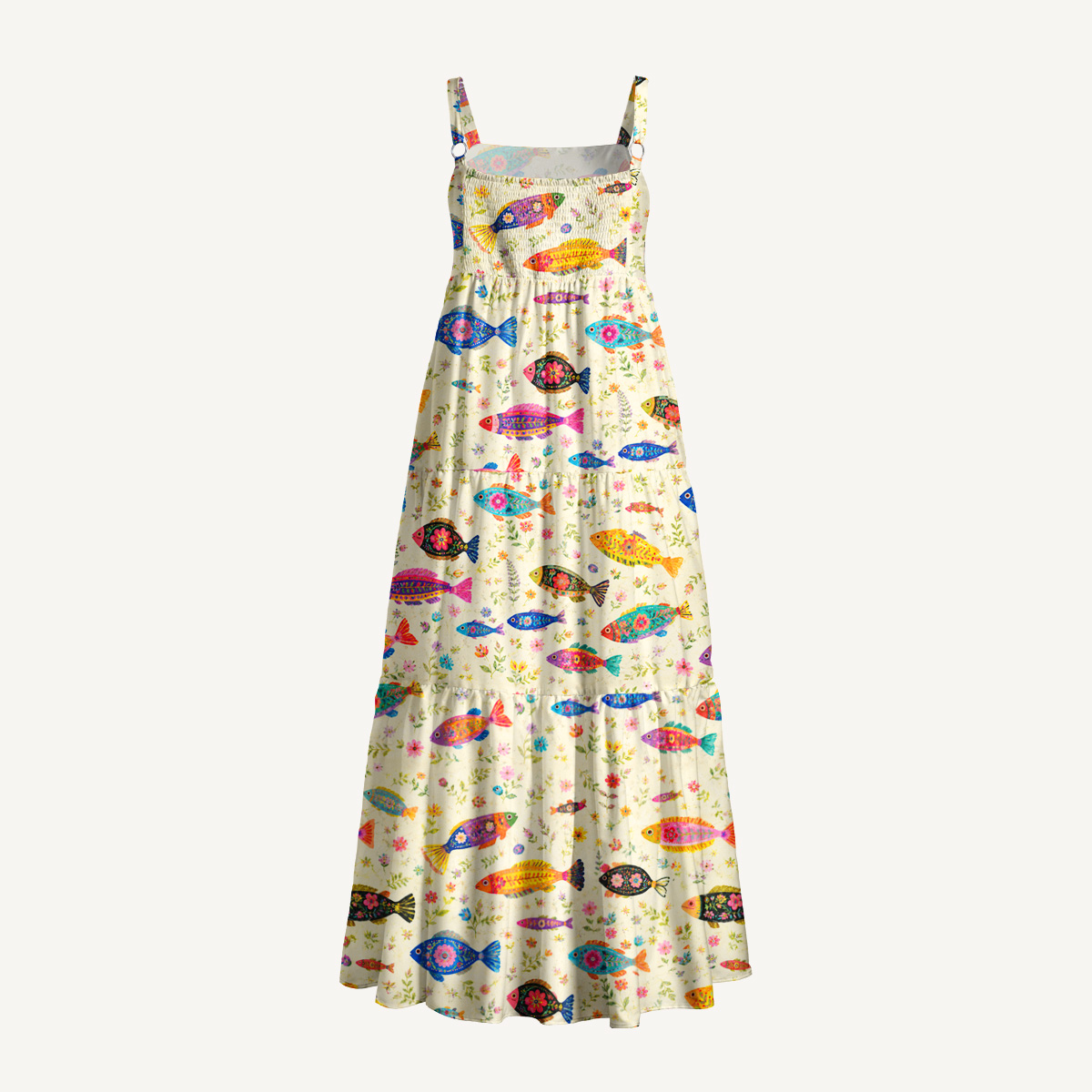 Boho Colorful Fish Print Wide Straps Maxi Dress With Pockets