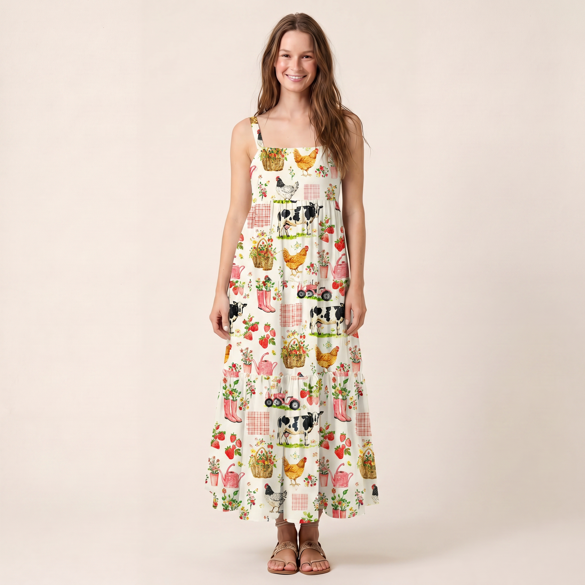 Watercolor Pink Farm Chicken Cow Print Wide Straps Maxi Dress With Pockets