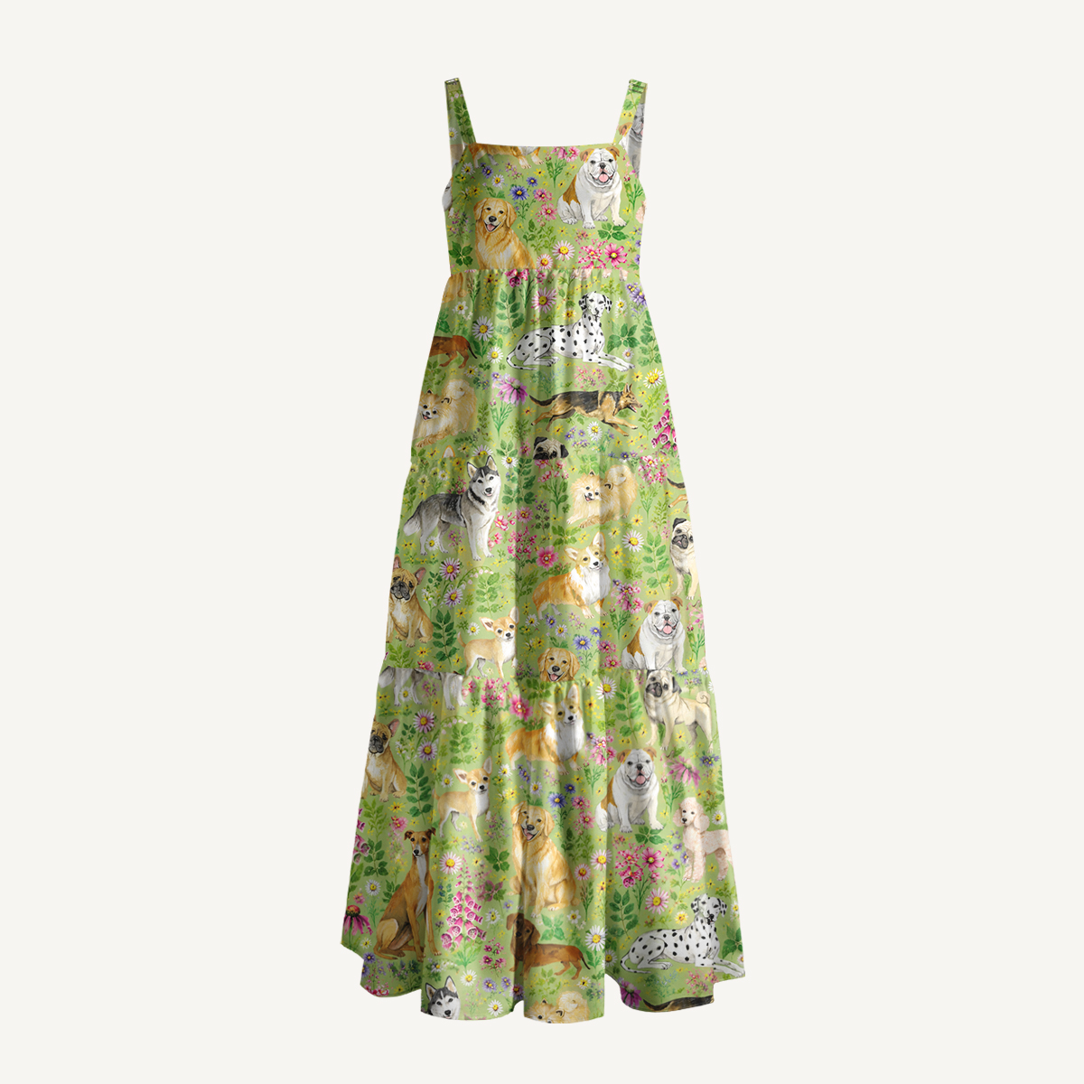 Watercolor Dog and Wildflower Pattern Print Wide Straps Maxi Dress With Pockets