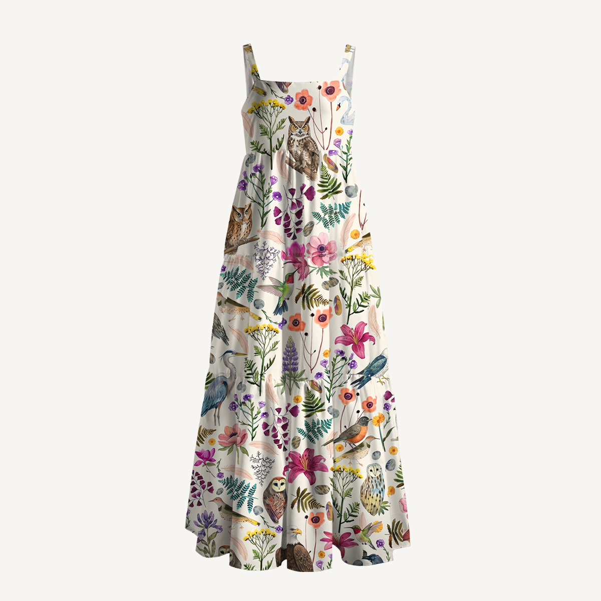 Whimsical Woodland Birds Wildflowers Print Wide Straps Maxi Dress With Pockets