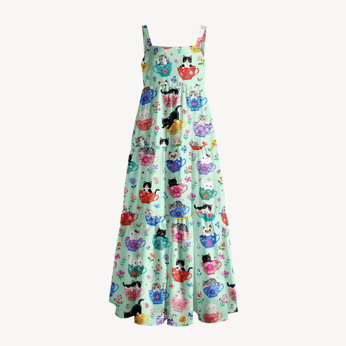 Cute Teacup Kitten Print Wide Straps Maxi Dress With Pockets
