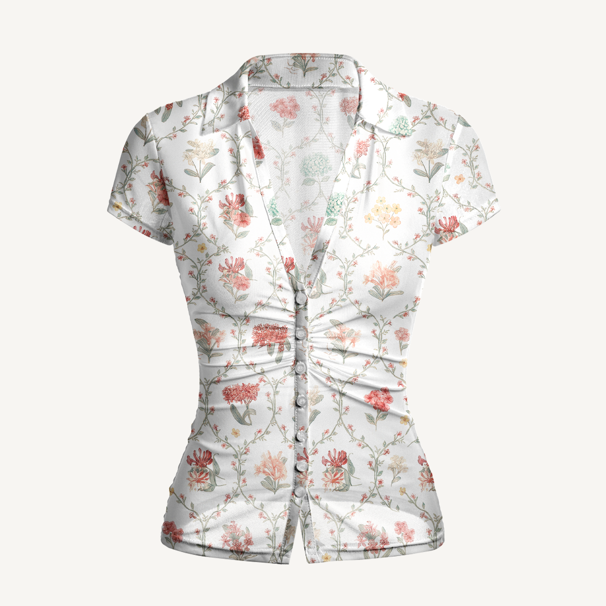 V-Neck Short Sleeve Coral Vine Print Mesh Top