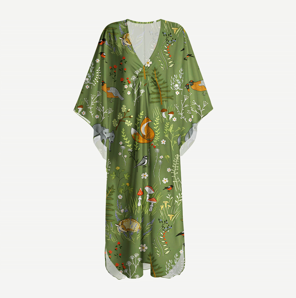 Whimsical Woodland Animals Kimono Sleeve Kaftan Dress