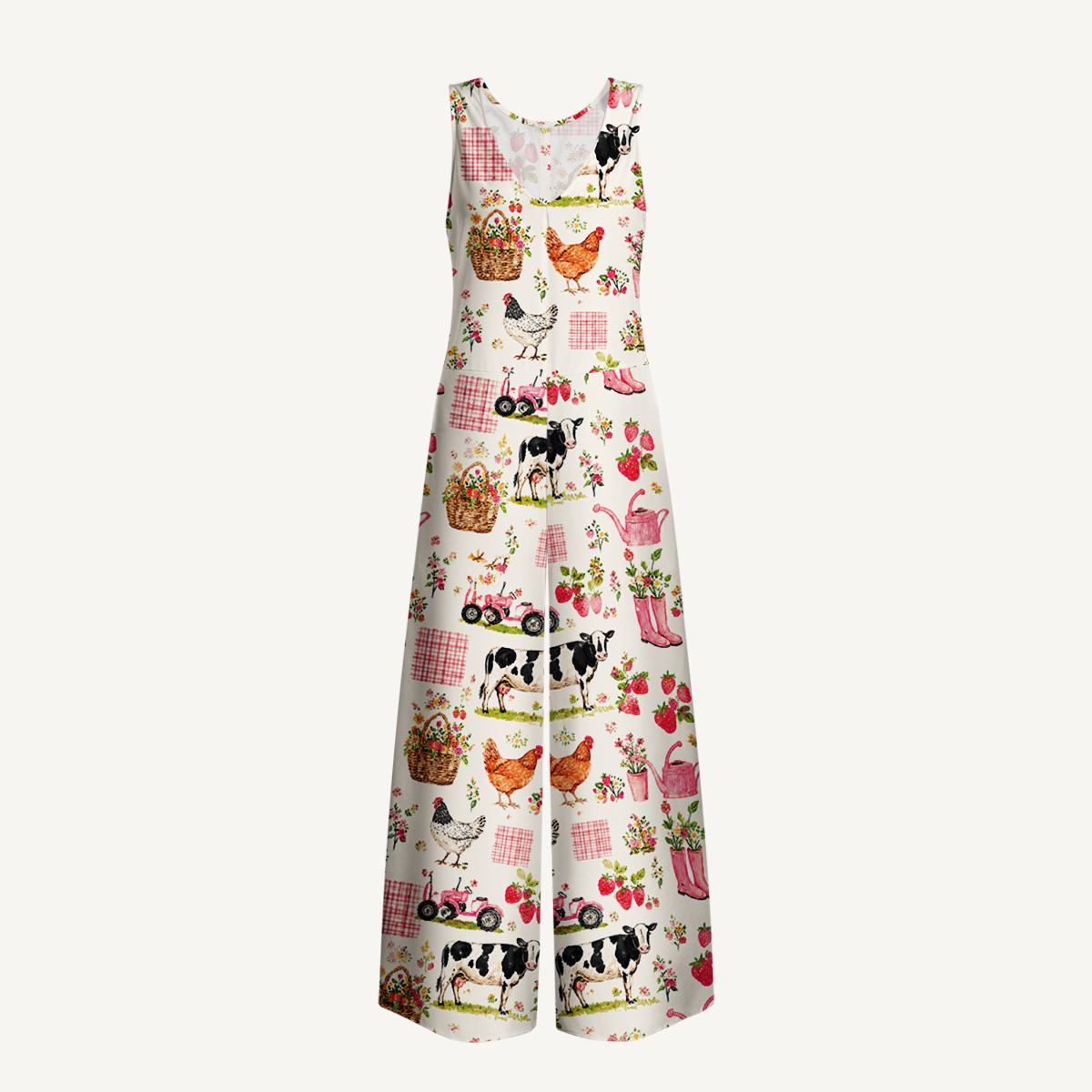 Watercolor Pink Farm Cow Chicken Print Jumpsuit with Pockets for Women