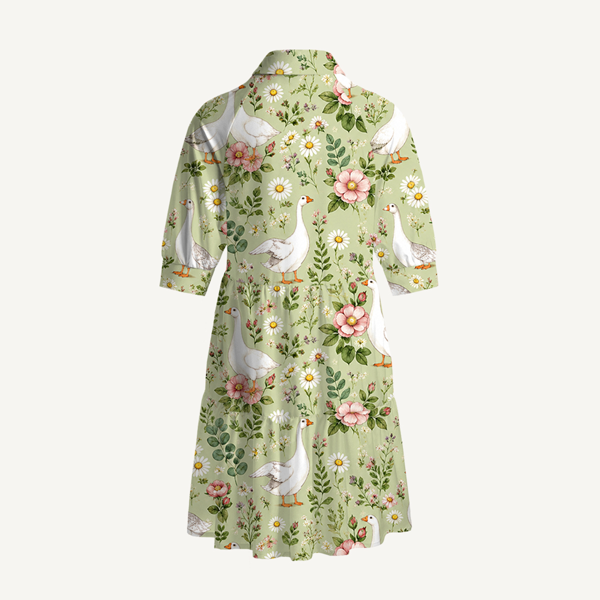 V Neck Collared Pastoral Goose Garden Mini Dress For Women With Pockets