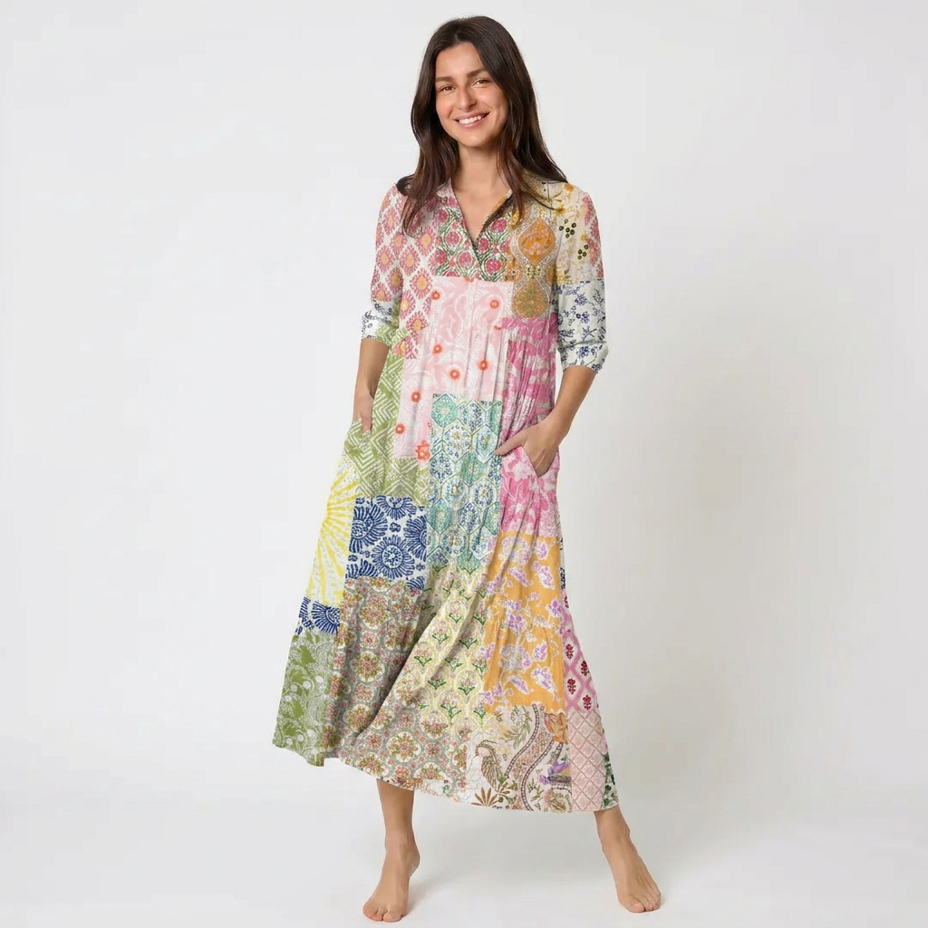 Colorful Bohemian Patchwork Print Midi Dress For Women With Pockets