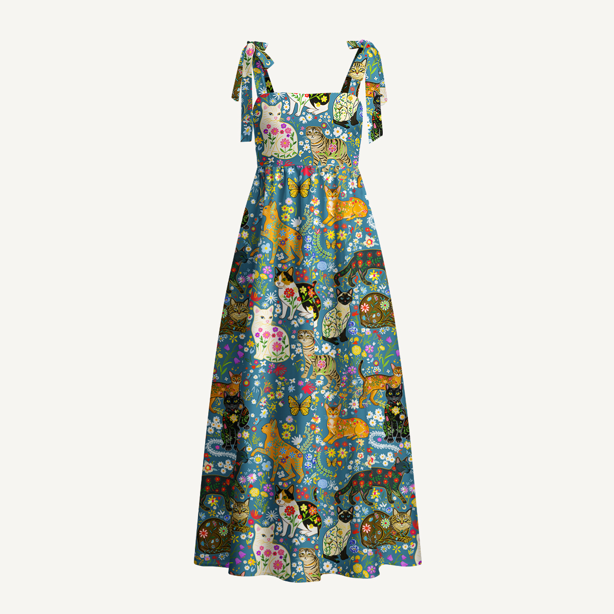 Colorful Garden Cat Print Bow Strap Maxi Dress