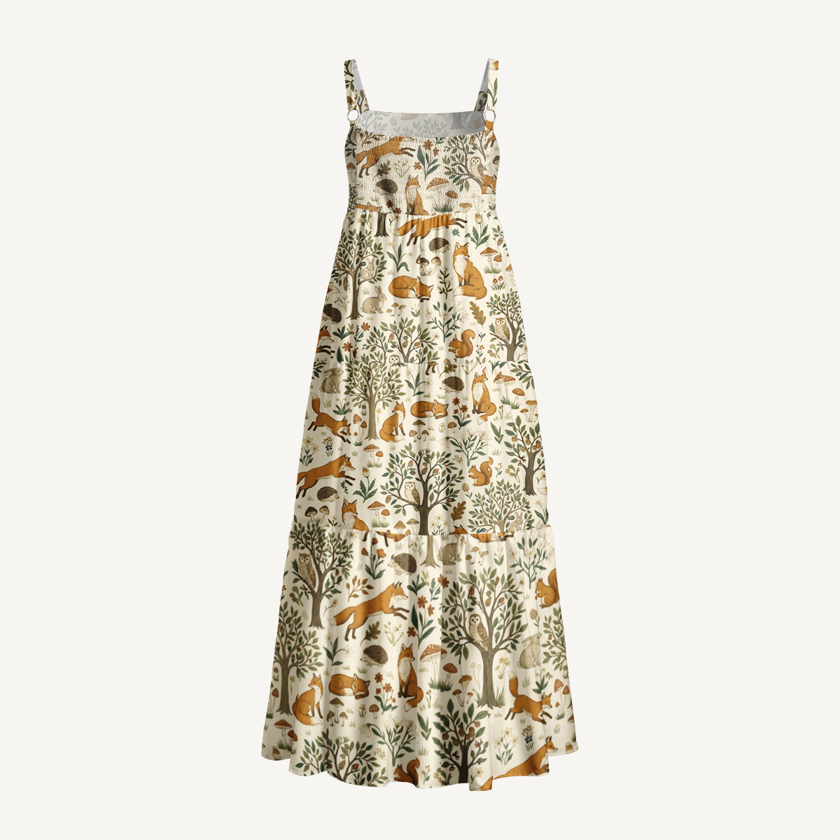 Woodland Creatures Print Wide Straps Maxi Dress With Pockets