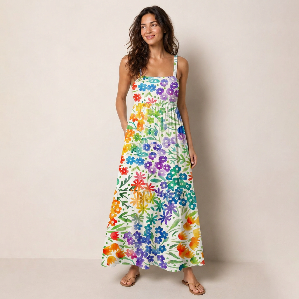 Fun Rainbow Print Wide Straps Maxi Dress With Pockets