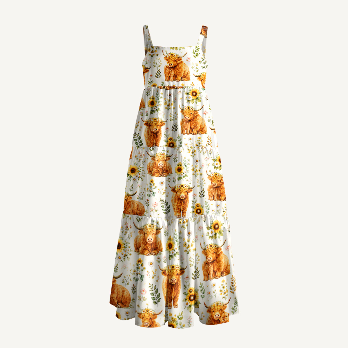 Spring Highland Cow Floral Print Wide Straps Maxi Dress With Pockets