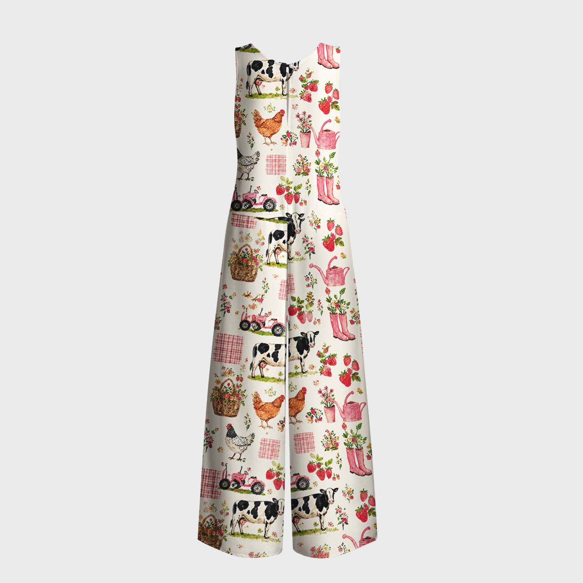 Watercolor Pink Farm Cow Chicken Print Jumpsuit with Pockets for Women