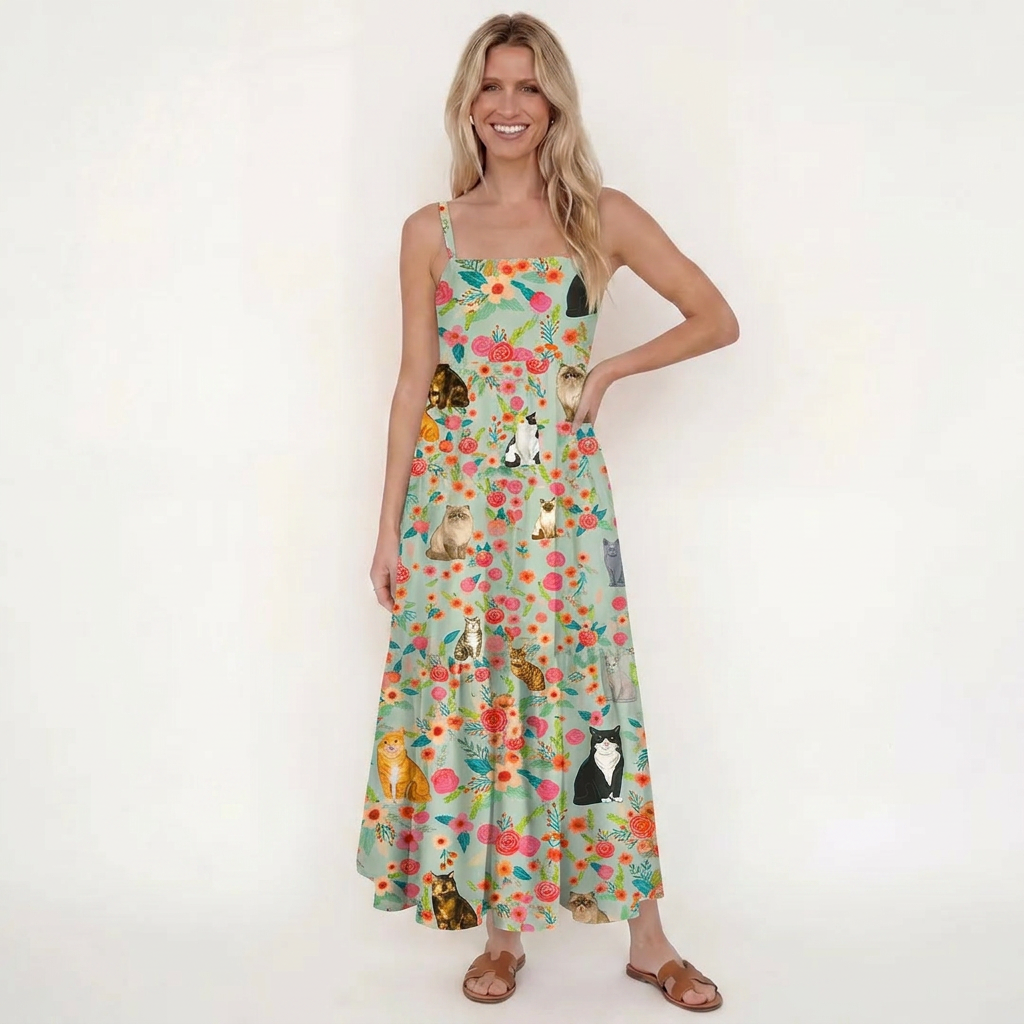 Square Neck Flower Cat Print Wide Straps Maxi Dress With Pockets