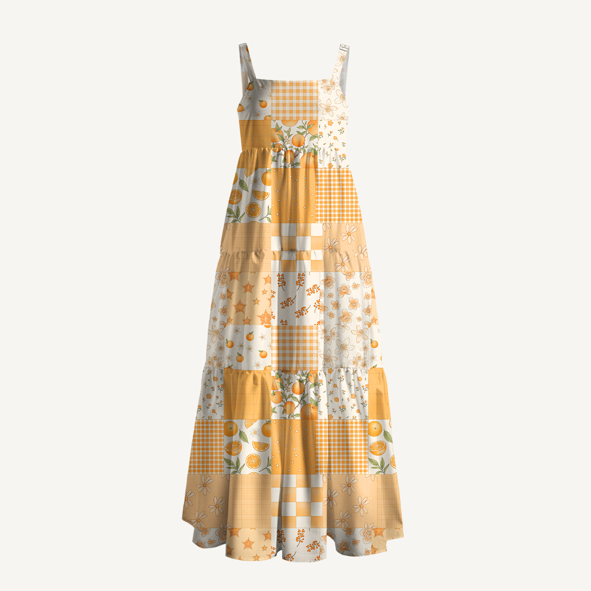 Lemon Sunshine Patchwork Print Wide Straps Maxi Dress With Pockets