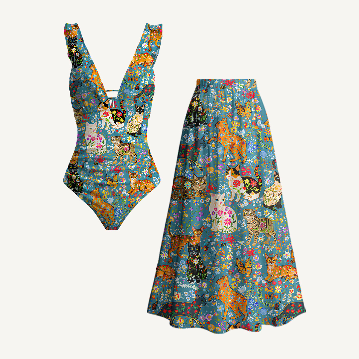 Colorful Garden Cat Patter Ruffled V Neck One Piece Swimsuit and Matching Midi Skirt Set