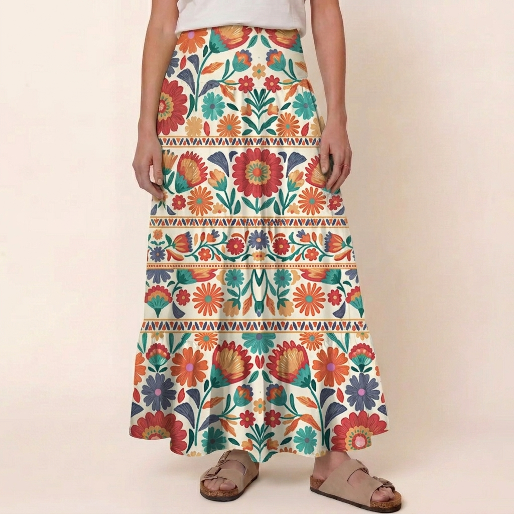 Bohemian Folk Floral Stripe Print Convertible Maxi Skirt & Strapless Dress