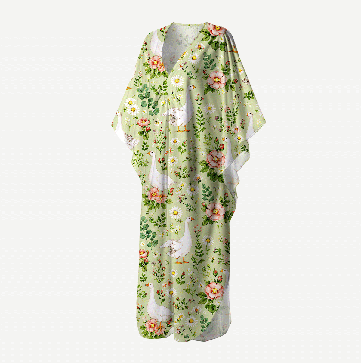Pastoral Goose Garden Print Kimono Sleeve Kaftan Dress