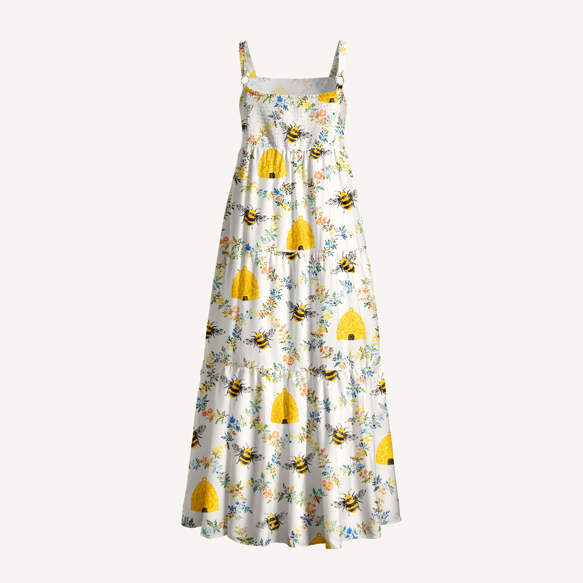 Bee Garden Blossom Pattern Print Wide Straps Maxi Dress With Pockets
