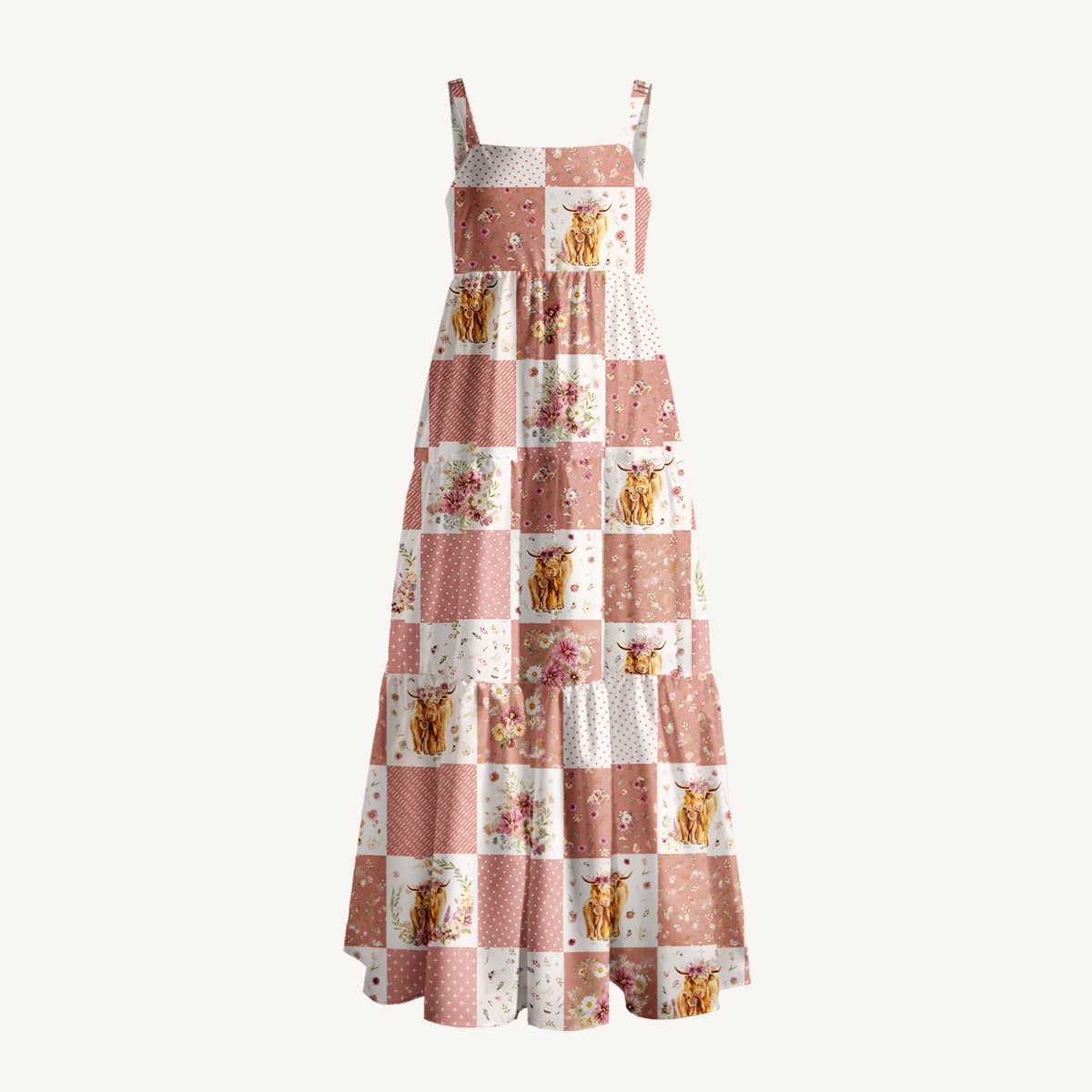Highland Cow Patchwork Print Wide Straps Maxi Dress With Pockets