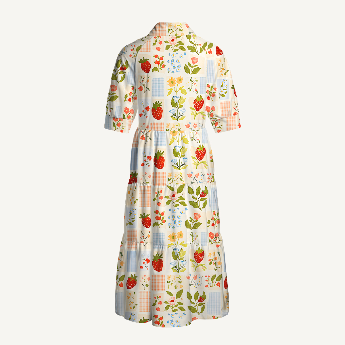 V Neck Collared Strawberry Garden Patchwork Casual Midi Dress With Pockets
