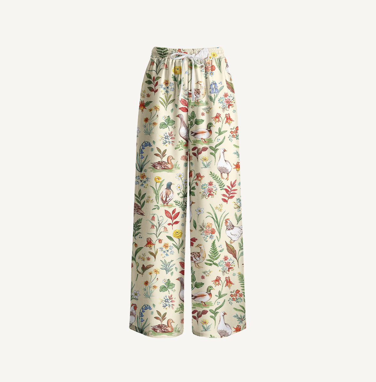 Countryside Garden Critter Print Wide Leg Tie Waist Pants With Pockets