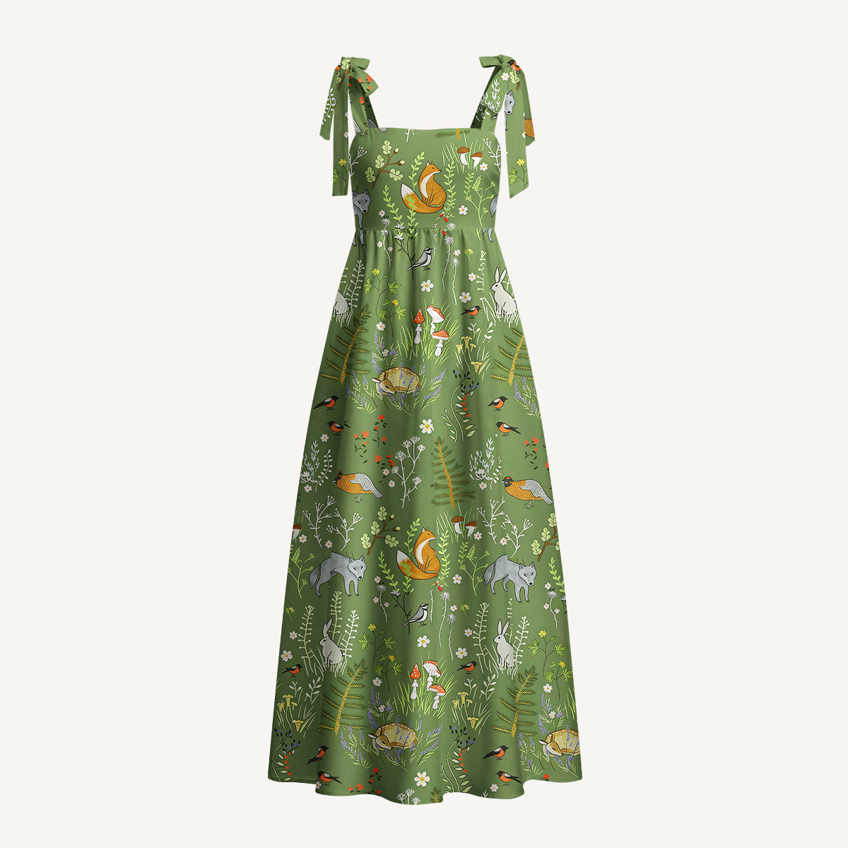 Whimsical Woodland Animals Print Bow Strap Maxi Dress