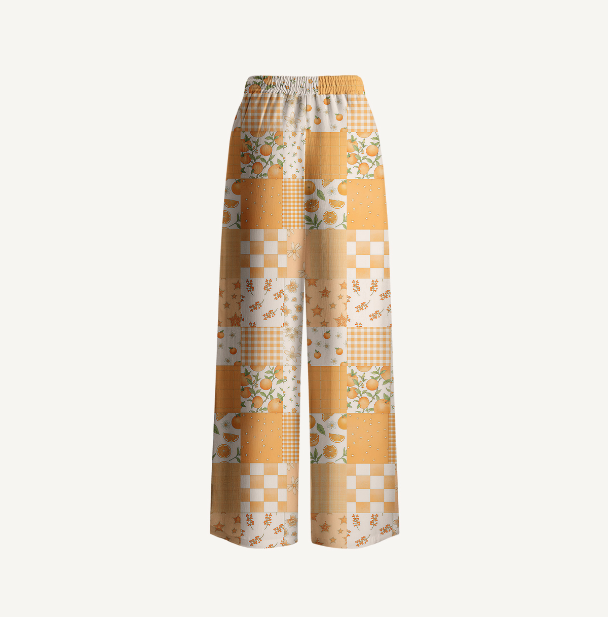 Lemon Sunshine Patchwork Print Wide Leg Tie Waist Pants With Pockets