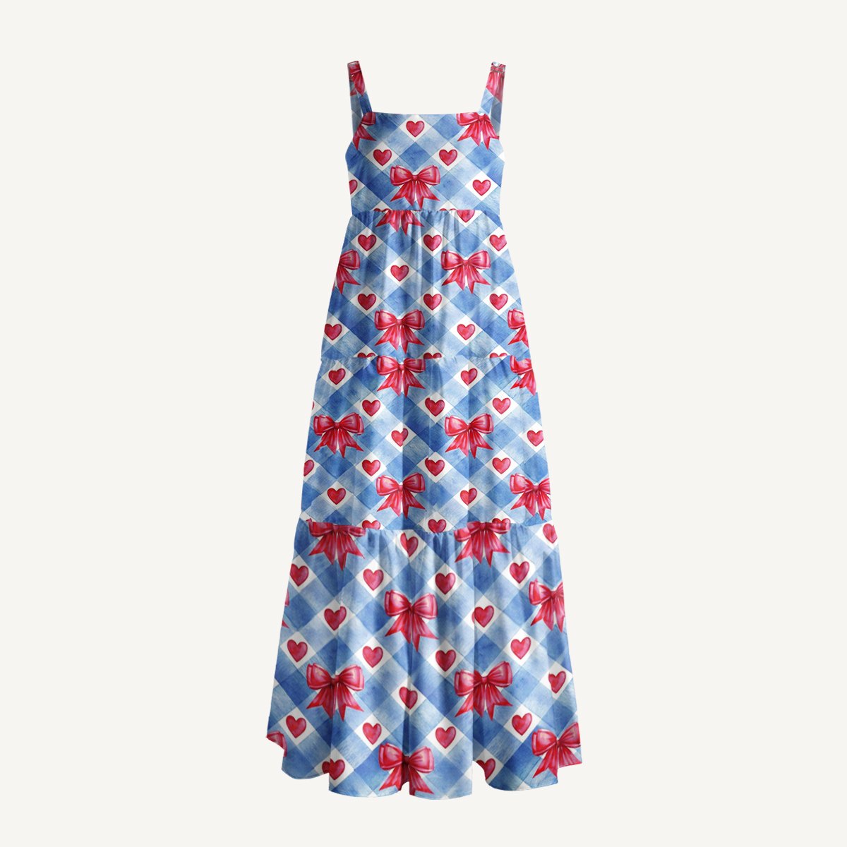 Patriotic Gingham Bows Print Quilt Wide Straps Maxi Dress With Pockets